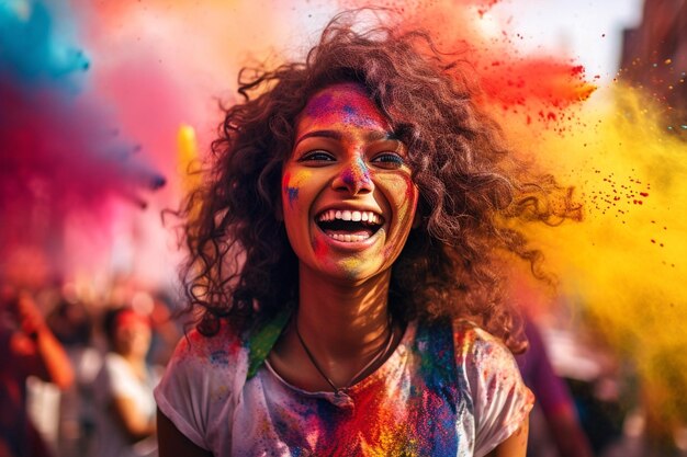 Portrait of young woman in colorful powder on indian street Holi festival