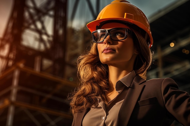 Portrait of a young woman in a construction helmet and glasses