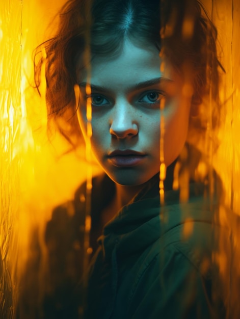 Portrait of a young woman in a dark room with yellow light