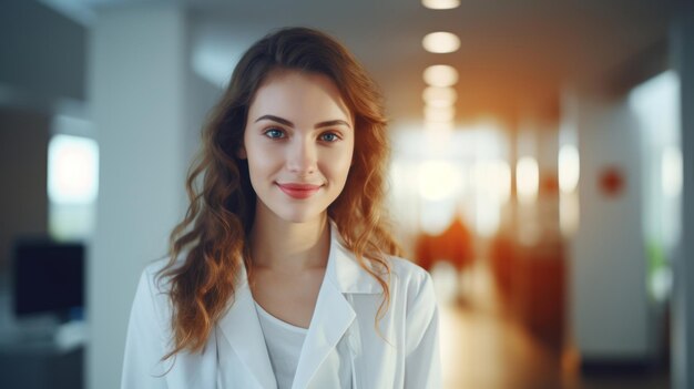 Portrait of young woman doctor with white coat in clinic