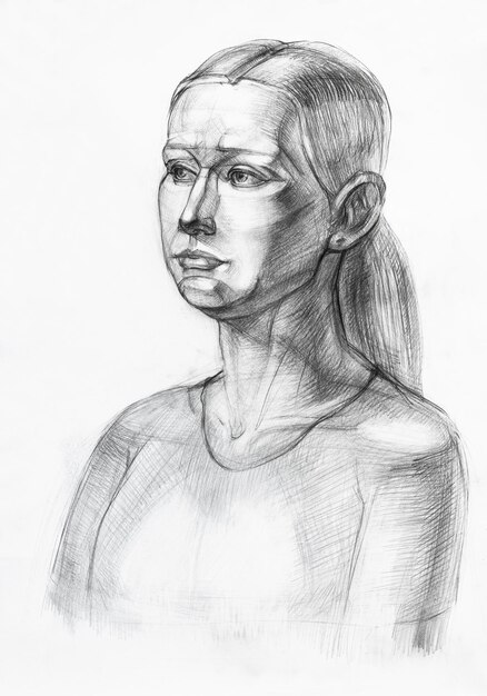 Portrait of young woman drawn with graphite pencil