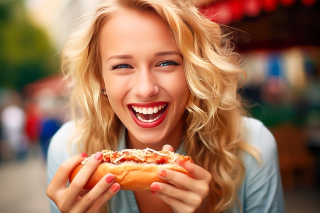 Foto ritratto di una giovane donna che mangia un hot dog per strada