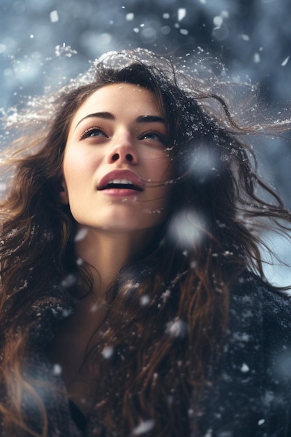 Portrait of a young woman enjoying the falling snow