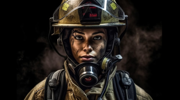 消防車の近くに立っている若い女性消防士の肖像画