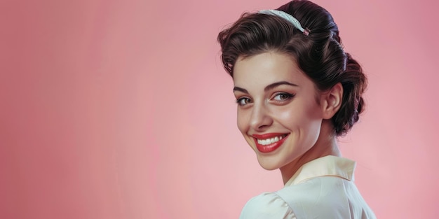 Portrait of a young woman from the 50s isolated from a copy space background