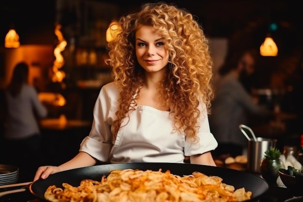 portrait of young woman frying onion into the pan in the kitchen