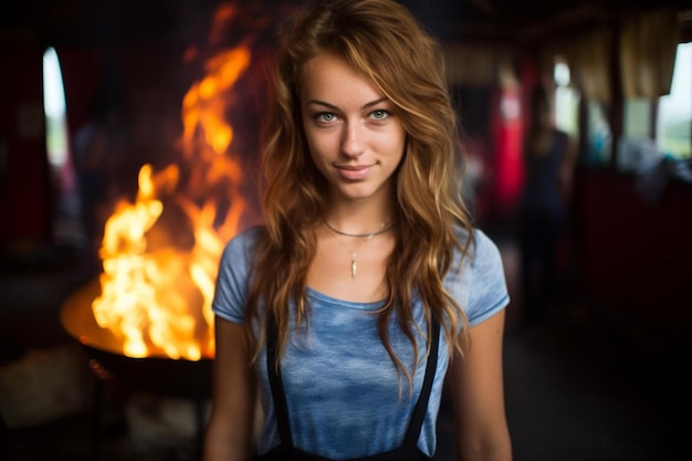 portrait of young woman frying onion into the pan in the kitchen