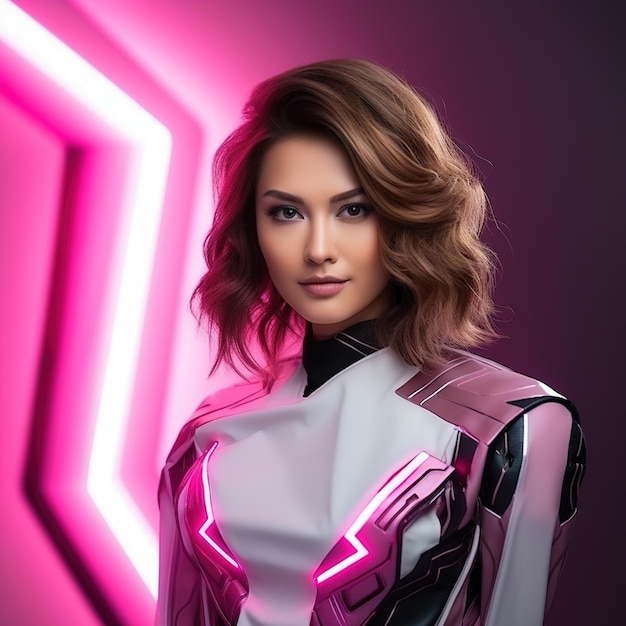 Portrait of a young woman in a futuristic suit