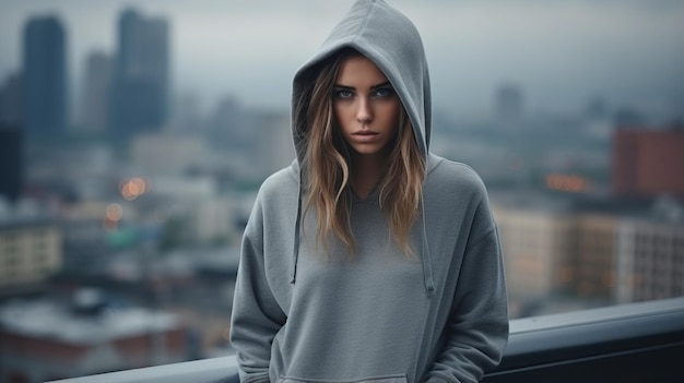 Photo portrait of a young woman in a gray hoodie looking at the camera with a serious expression on her face