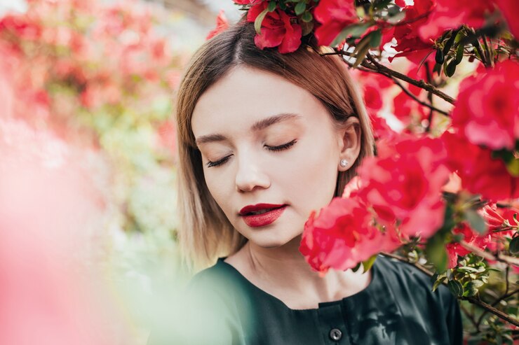 Photo 一位身著綠色禮服的年輕女子在溫室裡的肖像,上面有紅色和粉紅色開花的亞扎莉亞
