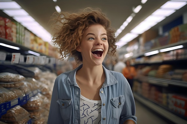 Photo portrait of young woman happy expression in a super market ai generated