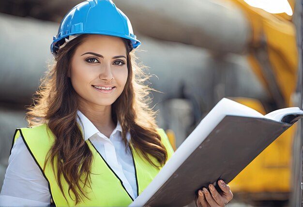 Portrait of young woman in hardhat holding blueprint in handsportrait of young woman in hardhat hol