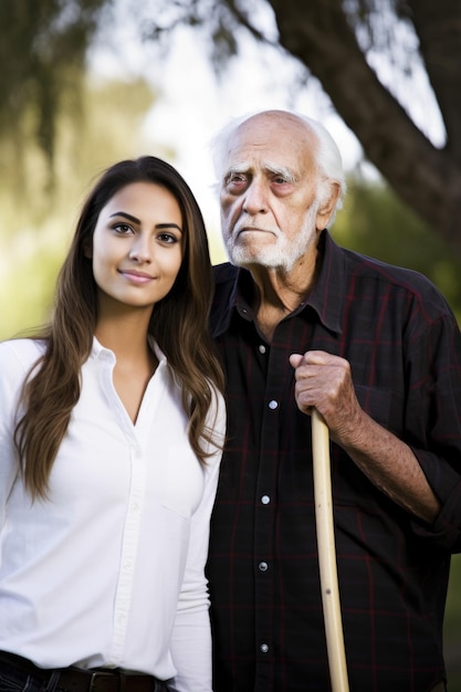 Photo portrait of a young woman helping an older man with a walking stick created with generative ai