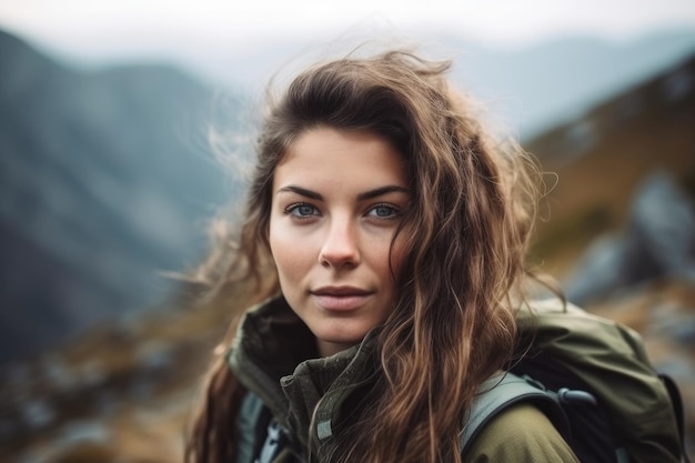 생성 인공 지능으로 만든 산에서 하이킹하는 젊은 여성의 초상화