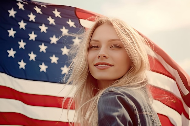 Portrait of a young woman holding an american flag