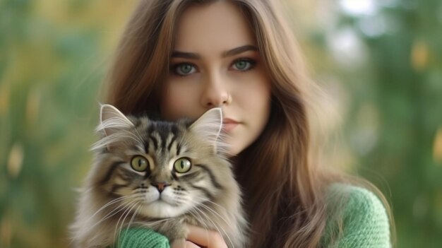 Portrait of young woman holding cute siberian cat with green eyes Female hugging her cute long