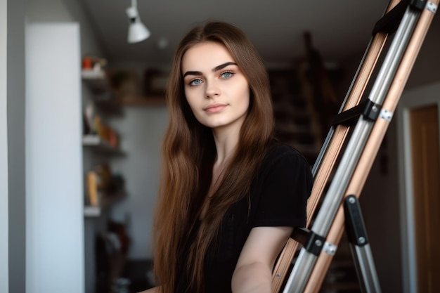 Portrait of a young woman holding an extension ladder at home created with generative ai