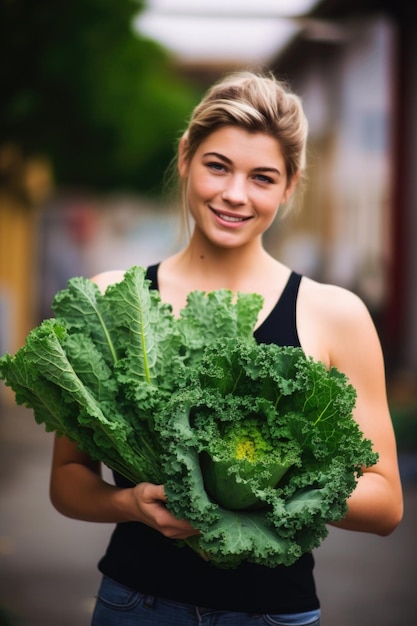 Portrait of a young woman holding fresh kale at a farmers market created with generative ai