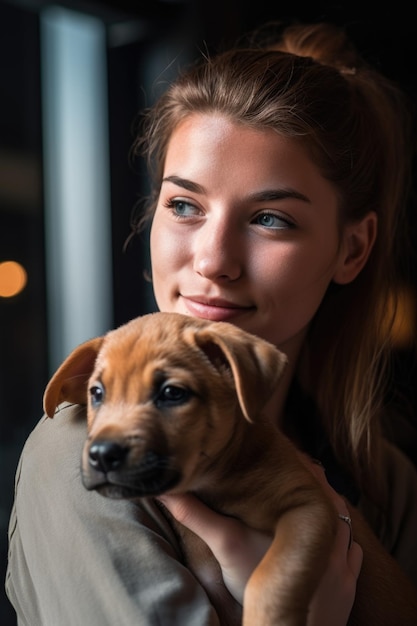 Портрет молодой женщины, держащей на руках нового щенка в день, когда его усыновили