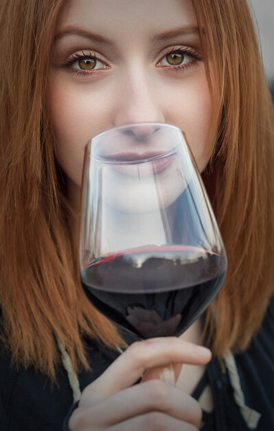 Foto ritratto di una giovane donna che tiene il vino rosso in bicchiere