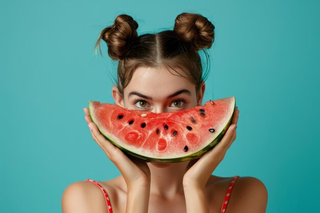 A portrait of a young woman holding a slice of summer watermelon up to her face