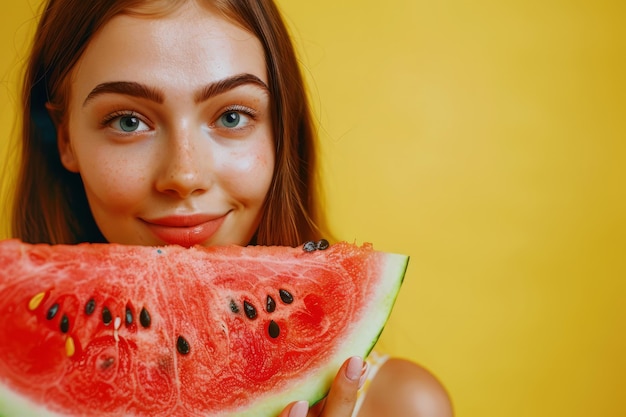 Foto un ritratto di una giovane donna che tiene una fetta di cocomero estivo in faccia