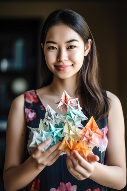 Portrait of a young woman holding up her finished origami papercraft created with generative ai