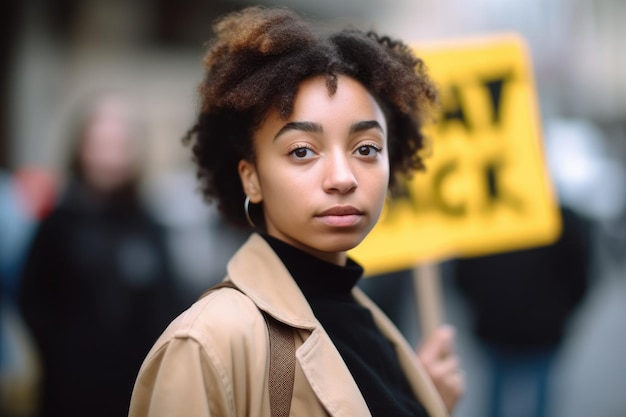 Photo portrait of a young woman holding up a placard in protest against racism created with generative ai