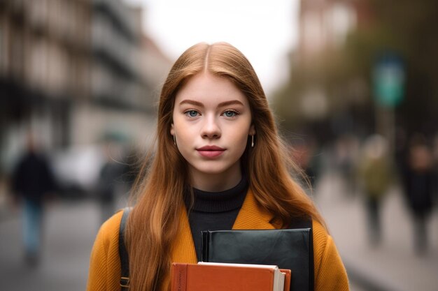 Portrait of a young woman holding up a textbook in the city created with generative ai