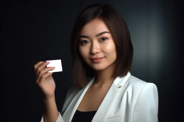 Портрет молодой женщины, держащей вашу визитную карточку, созданный с помощью генеративного ИИ