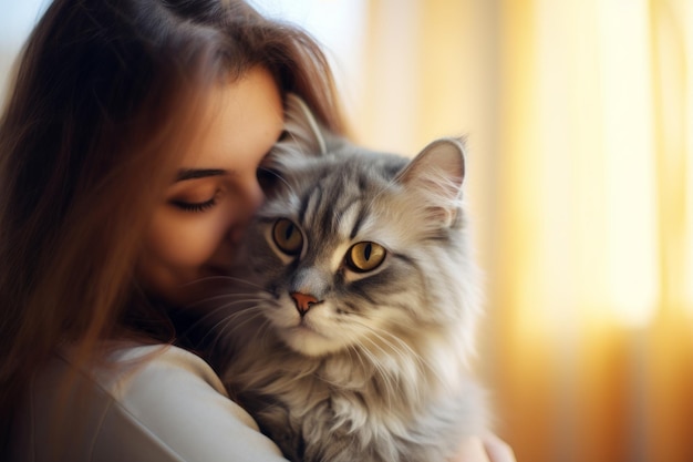 Портрет молодой женщины, обнимающей милую концепцию кошки