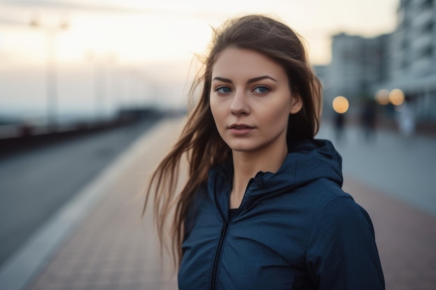 Portrait of a young woman jogging along the promenade created with generative ai