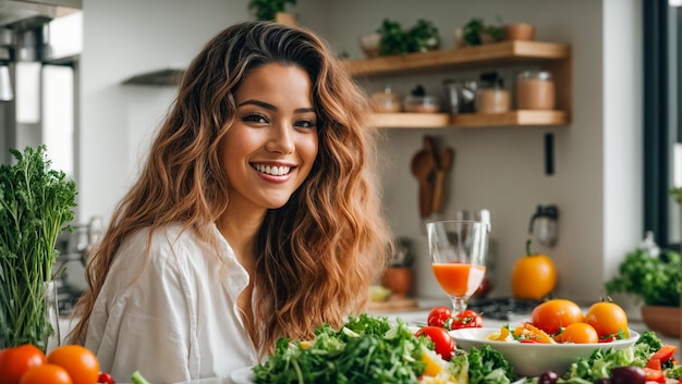 キッチンの若い女性の肖像画 異なる野菜 健康的な食事コンセプト