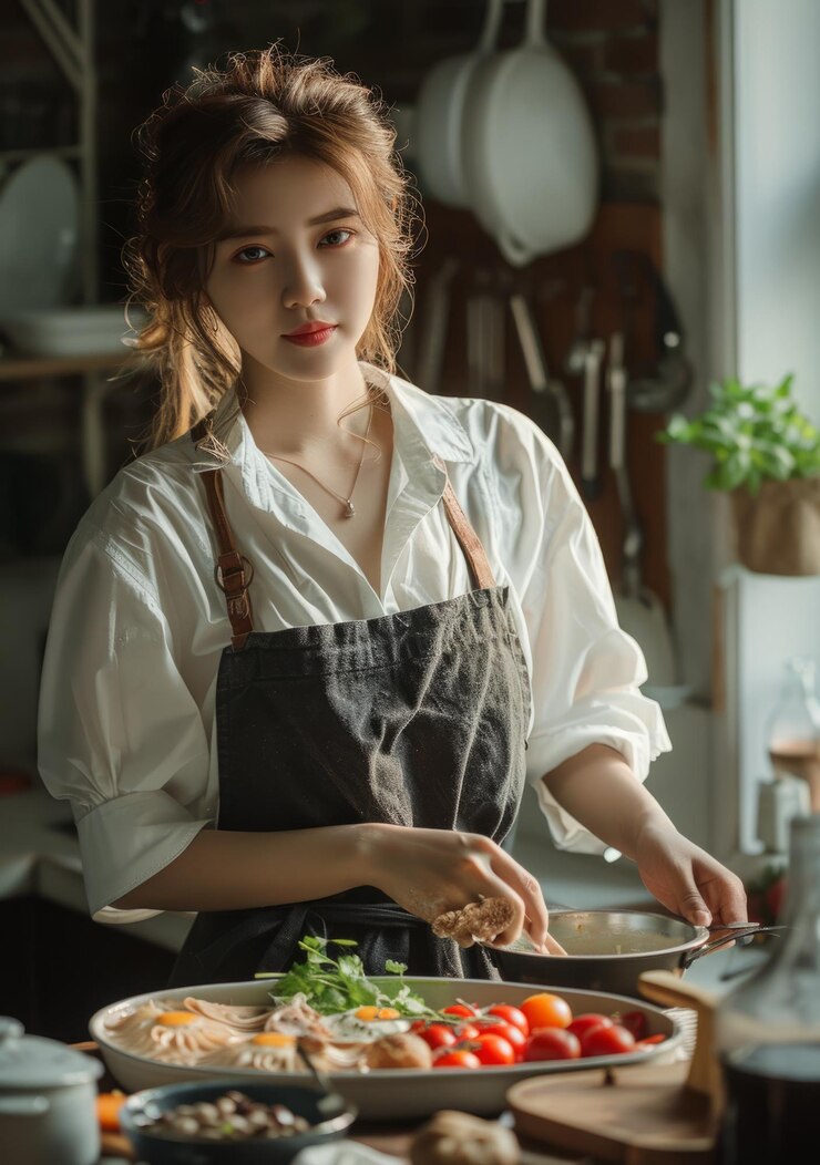 Photo キッチンにいる若い女性の肖像画