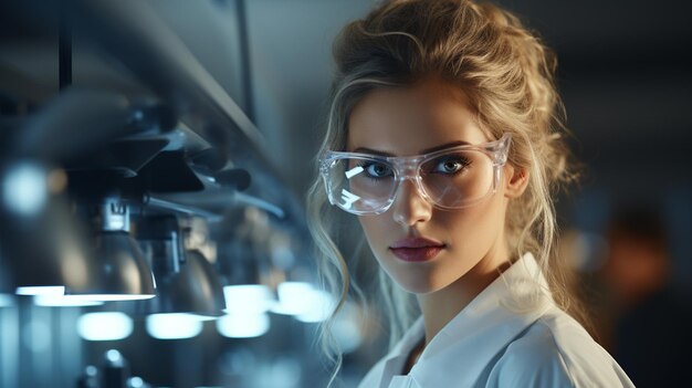 Photo portrait of young woman in lab coat