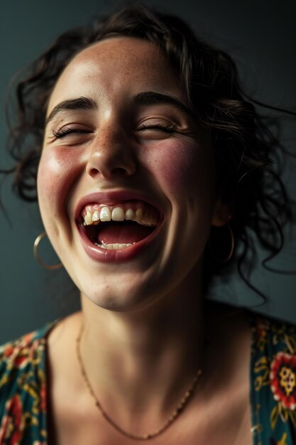 Portrait of a young woman laughing closeup studio shot