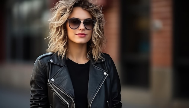 Portrait of a young woman in a leather jacket and glasses against the background of the city