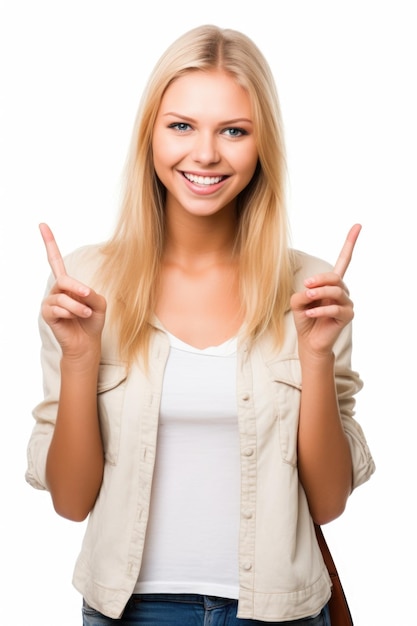 Portrait of a young woman making the victory sign while isolated on white
