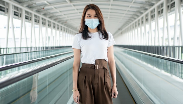 Portrait of a young woman in a medical mask for anti-coronavirus COVID 19 protection