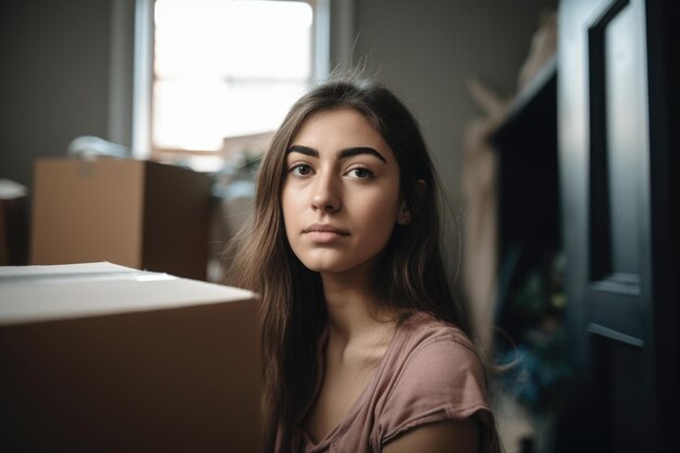 Portrait of a young woman moving into her new apartment created with generative ai