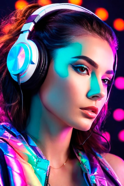 Portrait Young woman in neon iridescent lights wearing headphones listening