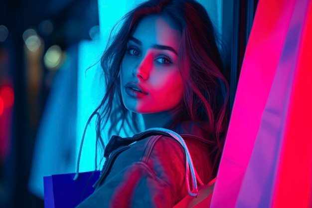 Portrait of young woman in neon light on dark background with shopping bags black friday