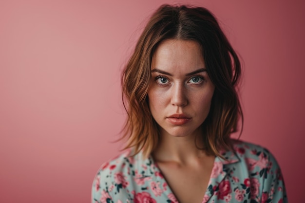 Портрет молодой женщины на розовом фоне