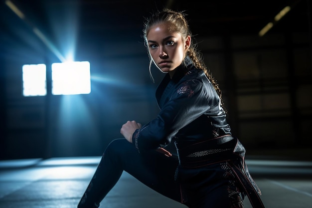 Photo portrait of a young woman practicing martial arts in the gym