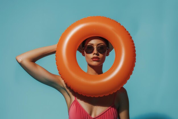 Portrait of a young woman relaxing with a rubber swimming pool ring on summer vacation