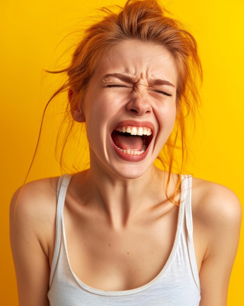 Portrait of a young woman screaming on yellow background stock photo