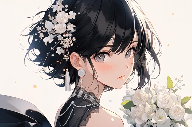 portrait young woman short black hair decorated flowers holding bouquet white flowers anime style