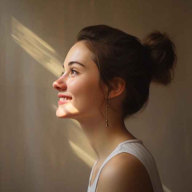 Portrait of young woman shot from the side smiling looking to the side