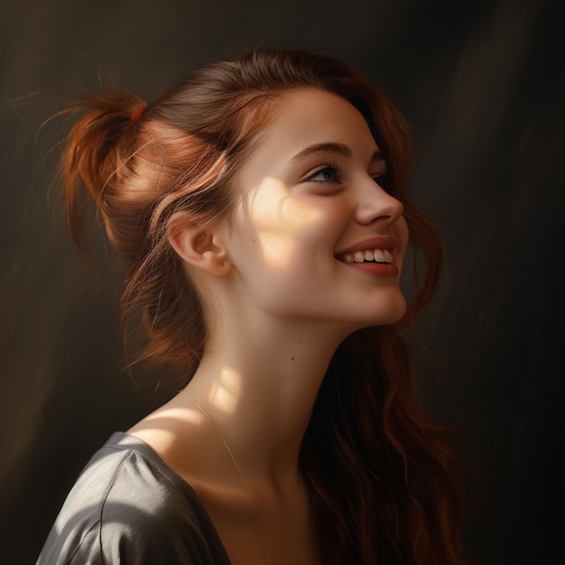 Portrait of young woman shot from the side smiling looking to the side