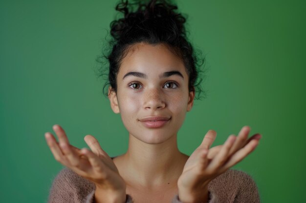 Foto ritratto di una giovane donna che mostra un piccolo gesto che esprime emozioni